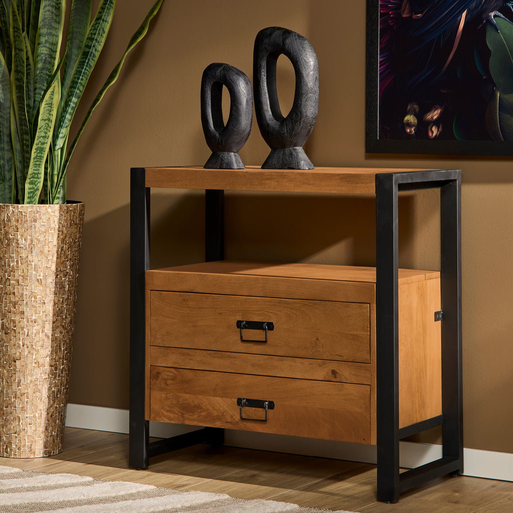 Kommode Bori Schwarz – Mangoholz Schubladenschrank mit Metallgestell & Lamellen-Optik, 80×80×40 cm, 2 Schubladen. Elegante Wohnkommode im zeitlosen Design