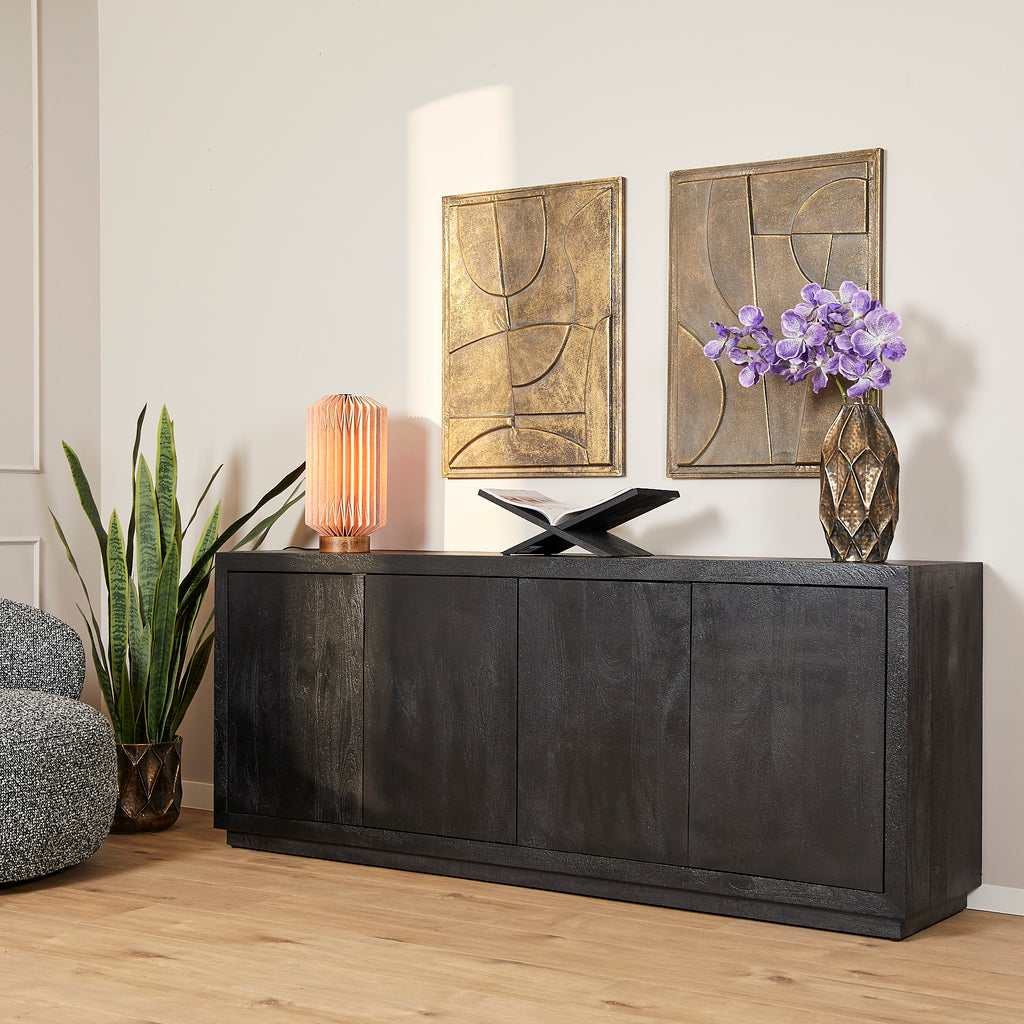 Sideboard Bali Schwarz – Mangoholz mit 4 Türen & Push-to-Open, 200 x 45 x 80 cm