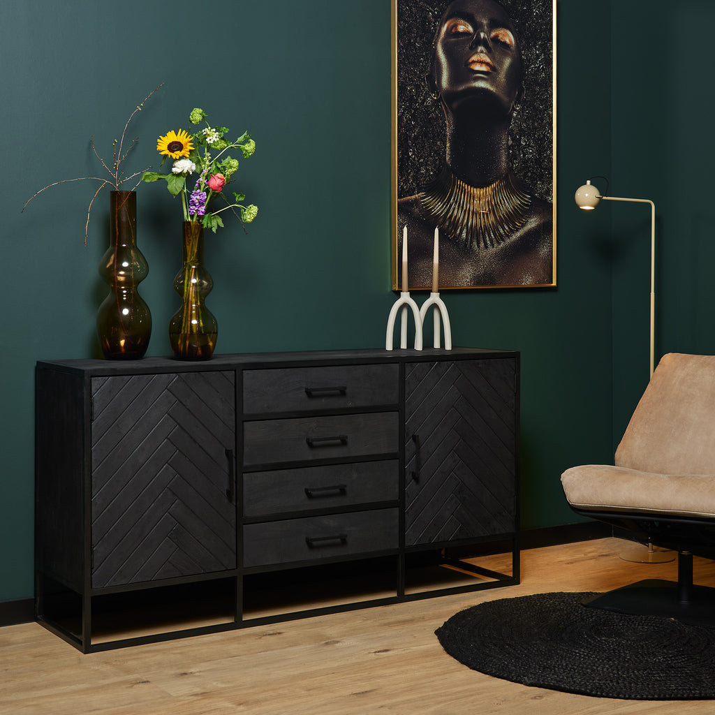 Sideboard Sydney – Mangoholz mit Fischgrätmuster & Metallgestell in Schwarz, 165 x 45 x 85 cm, 2 Türen & 4 Schubladen