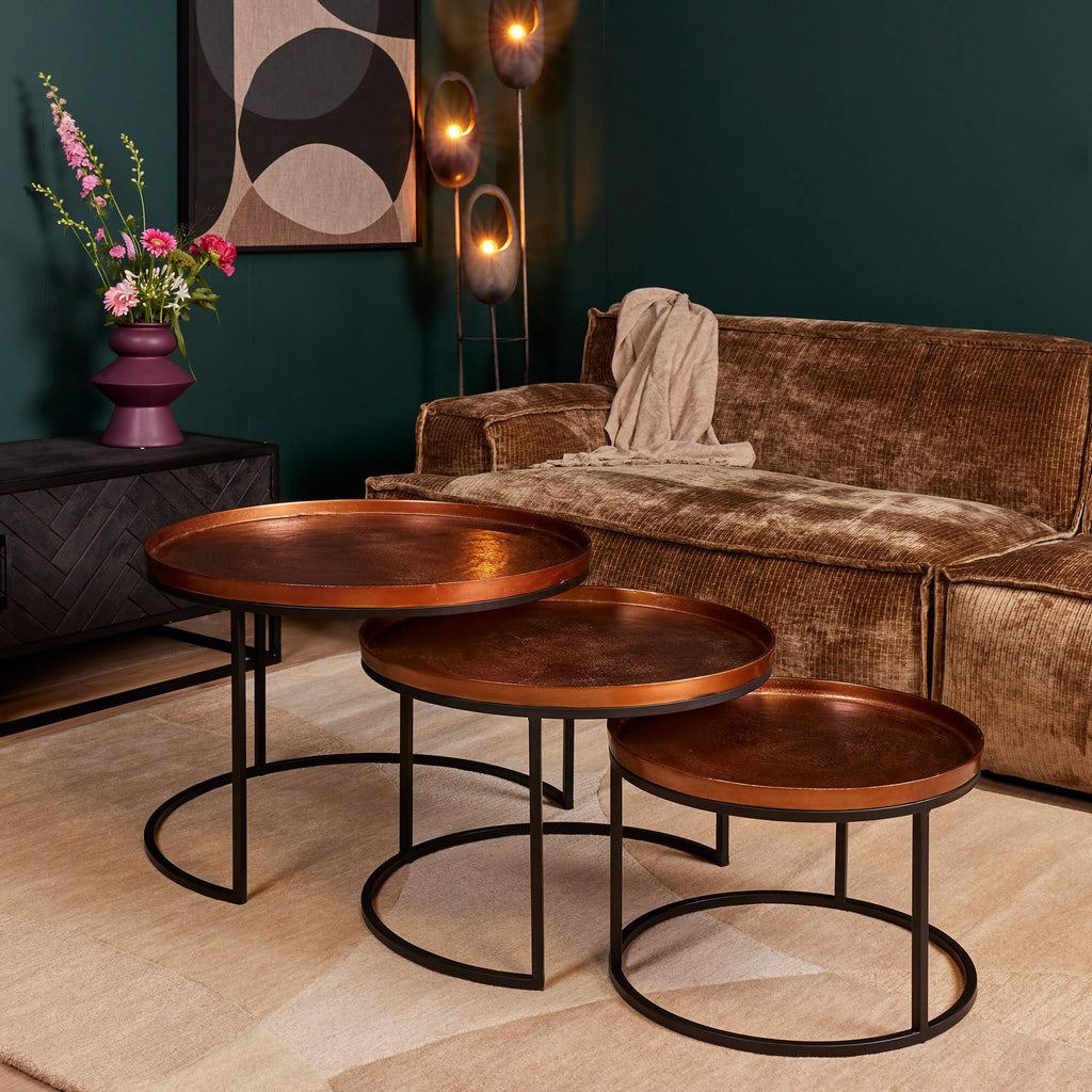 Couchtisch Set Clive 3-teilig – Aluminium Tische in Kupferoptik, modern & pflegeleicht (70x70x50 / 60x60x40 / 50x50x35 cm)