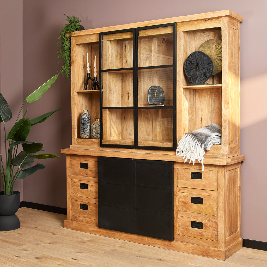 Vitrinenschrank Nizza 200x45x220 cm – Mangoholz Schrank mit 2 Türen & 6 Schubladen im modernen Design
