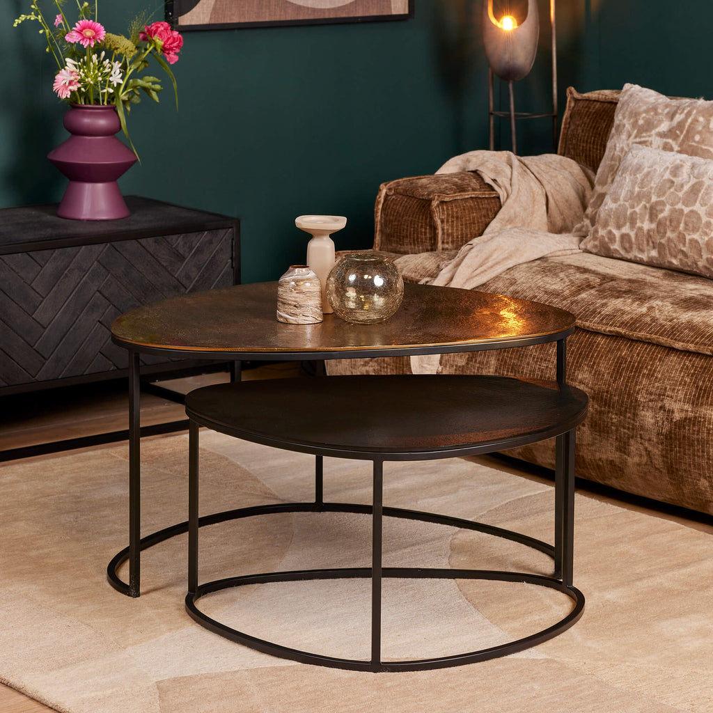 Couchtisch-Set Jarrel – 2 Couchtische mit Aluminiumplatten in Gold & Schwarz, Eisengestell, 90×65×50 cm & 70×55×40 cm