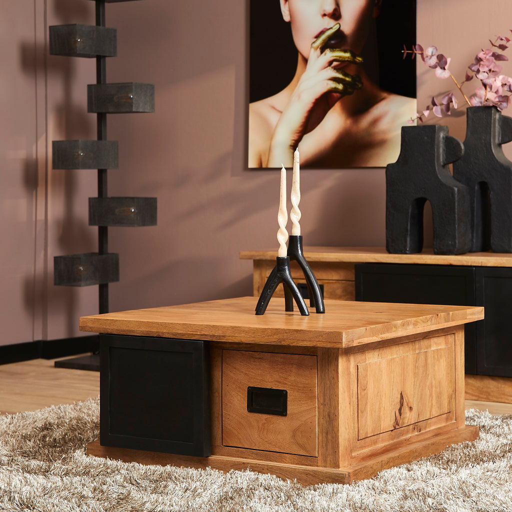 Couchtisch Nizza – moderner Salontisch aus Mangoholz & Metall mit Türen und Schubladen, 80 x 80 x 45 cm