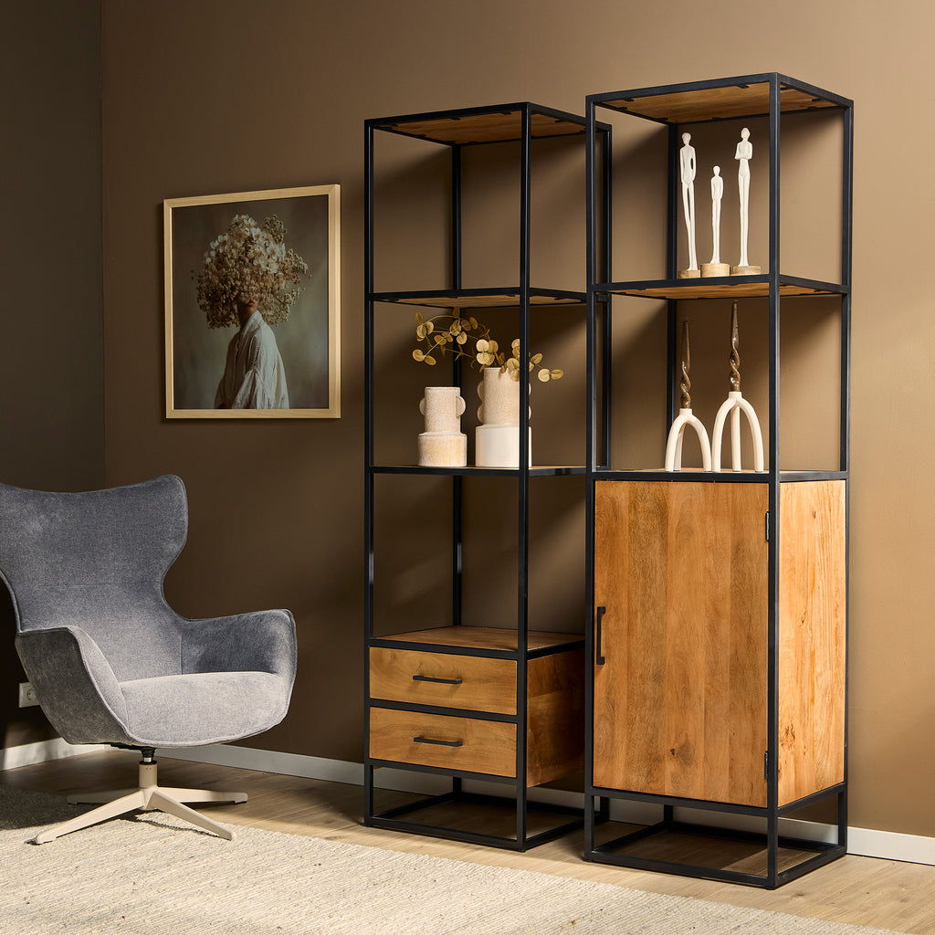 Bücherregal Delta Natur – Mangoholz Regal mit 2 Schubladen & Ablagen, 55×45×200 cm, Metallrahmen schwarz