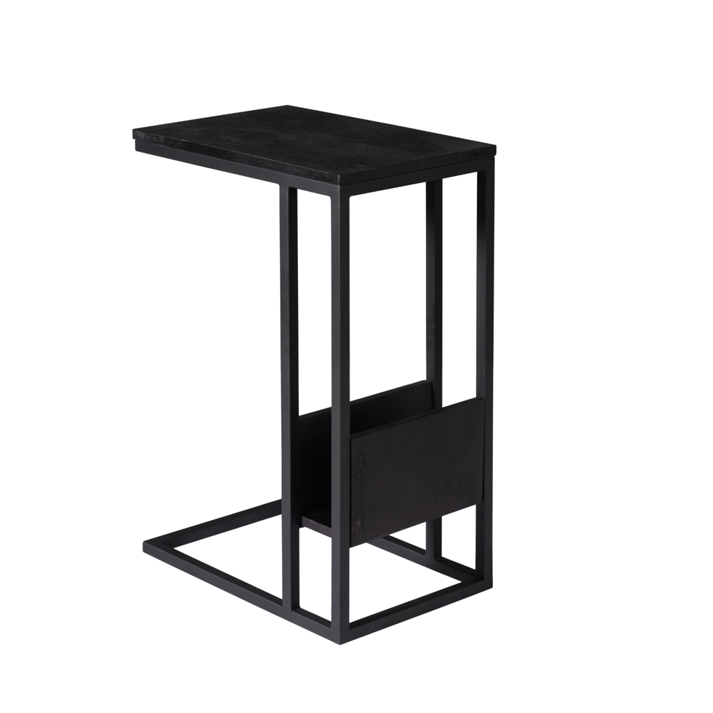 Beistelltisch Slider Schwarz – Mangoholz mit sandgestrahlter Oberfläche & schwarzem Metallgestell, 48×32×72 cm