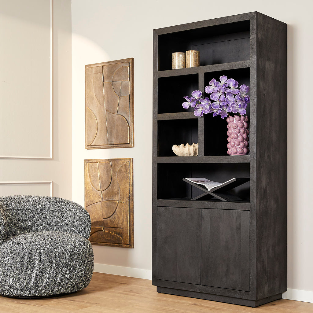 Bücherregal Bali Schwarz – Mangoholz mit modernem Design, 5 offene Fächer & 2 Türen mit Push-to-Open, 90 x 45 x 200 cm