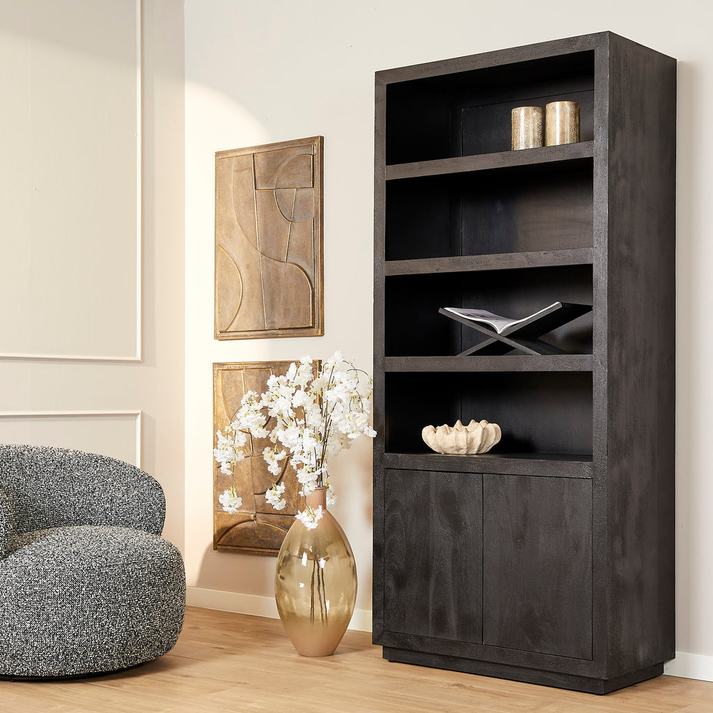 Bücherregal Bali Schwarz – Mangoholz Schrank 90×200×45 cm mit 4 offenen Fächern, 2 Türen & Push-to-Open-System