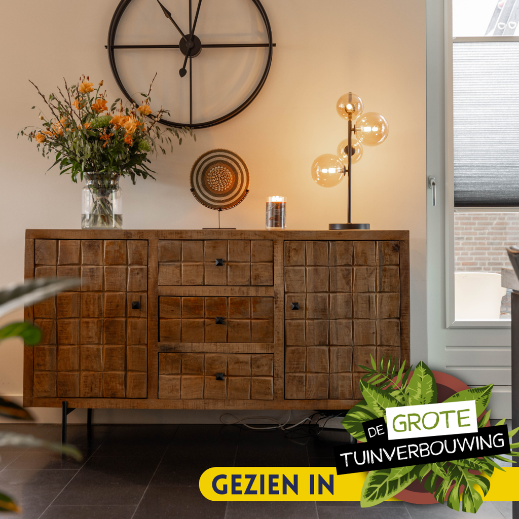 Sideboard Jacky Natur – Mangoholz mit Metallbeinen, 2 Türen & 3 Schubladen, geschnitztes Blockmuster, 160 x 40 x 90 cm