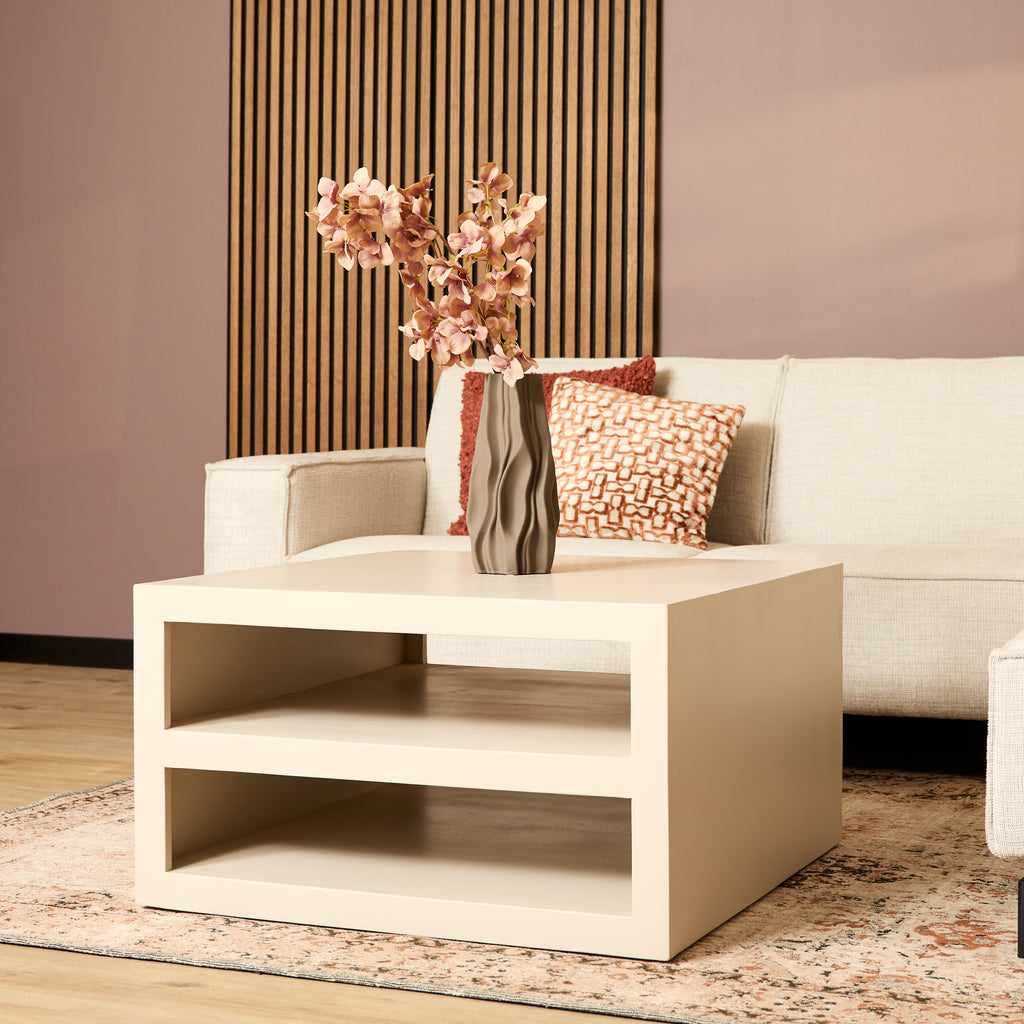 Couchtisch Bali Sand 80x80x40 cm aus Mangoholz in Sand-Finish mit Stauraum