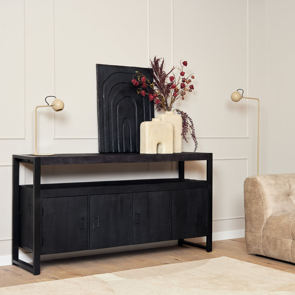 Sideboard Bori Schwarz – Mangoholz & Metallgestell, 4 Türen mit Stauraum, 175 x 45 x 90 cm