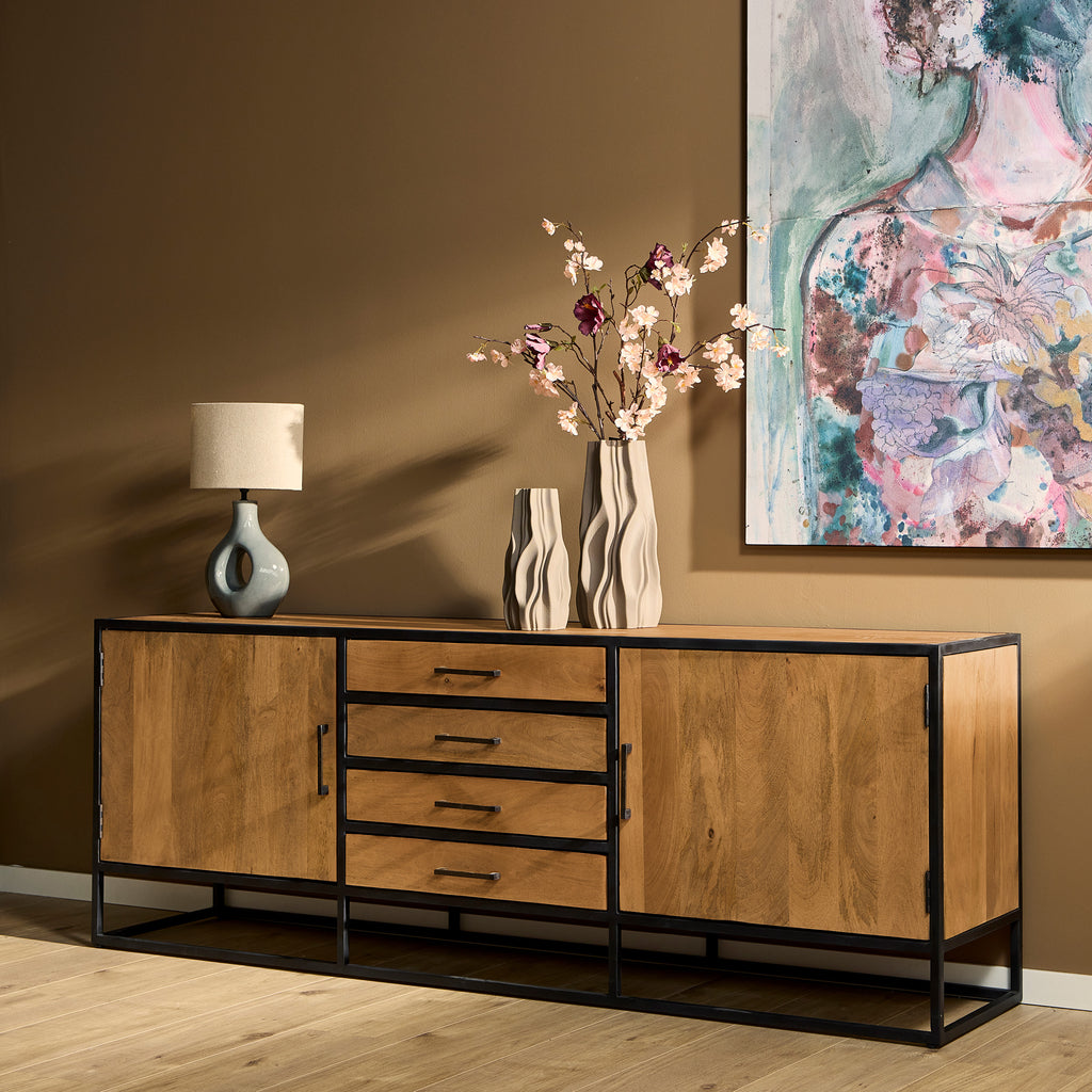 Sideboard Delta Natur – Mangoholz & Metall, 2 Türen & 4 Schubladen, schwarzer Rahmen, 210 x 45 x 75 cm