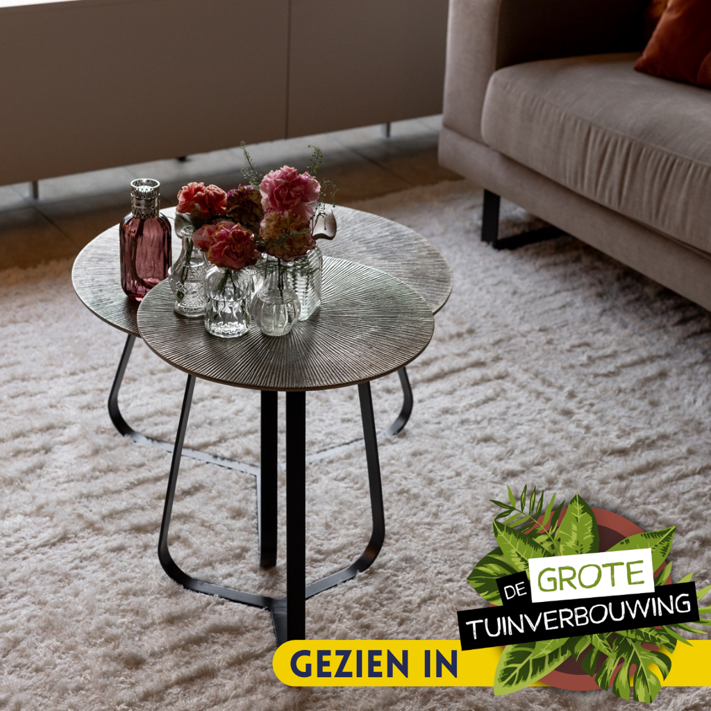 Couchtisch Kate Gold – runder Aluminium Tisch mit schwarzem Gestell, 60×40 cm, elegantes Design für stilvolle Wohnzimmer