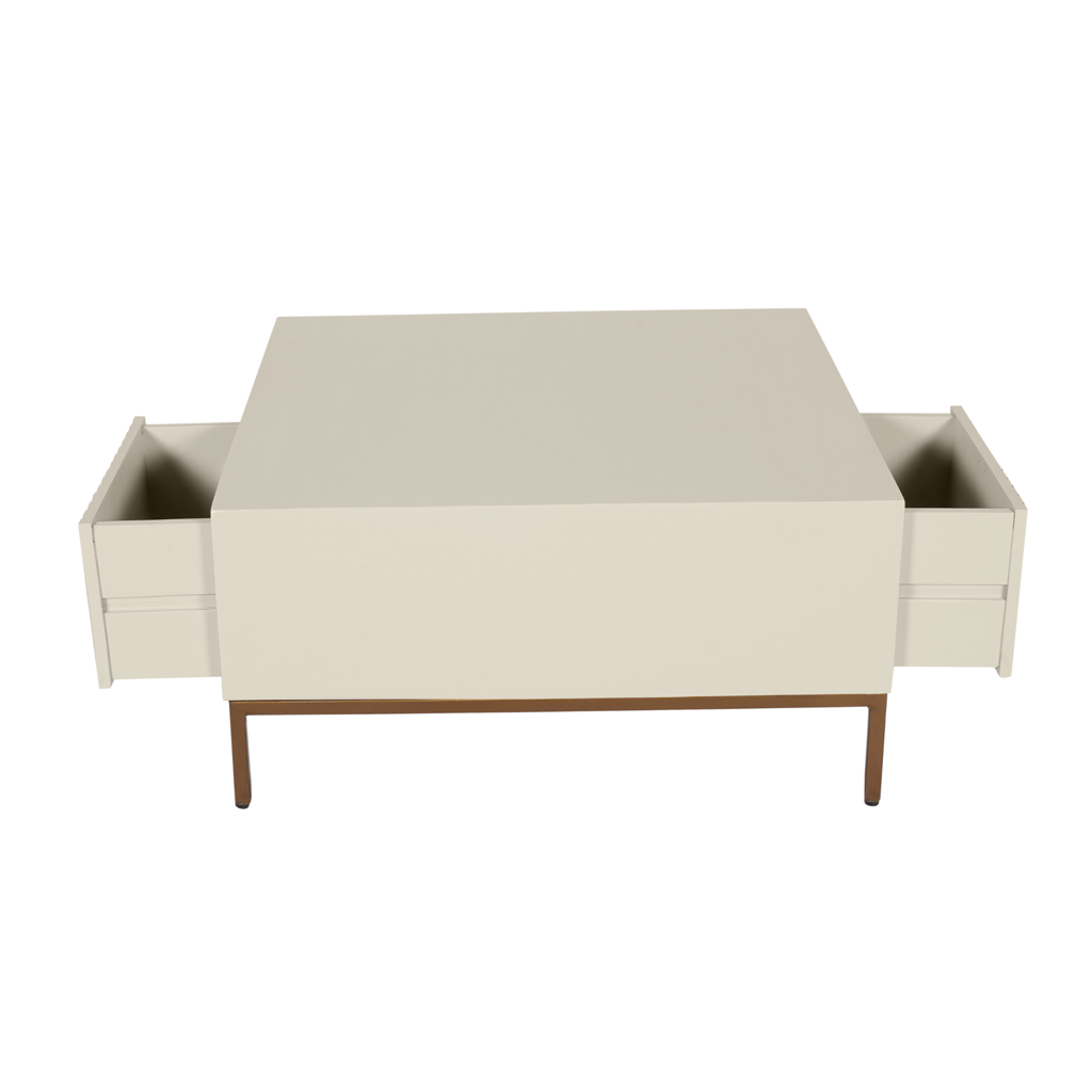 Couchtisch Mandy Sand 80x80x40 cm – Mangoholz mit Schubladen & bronzefarbenen Metallbeinen