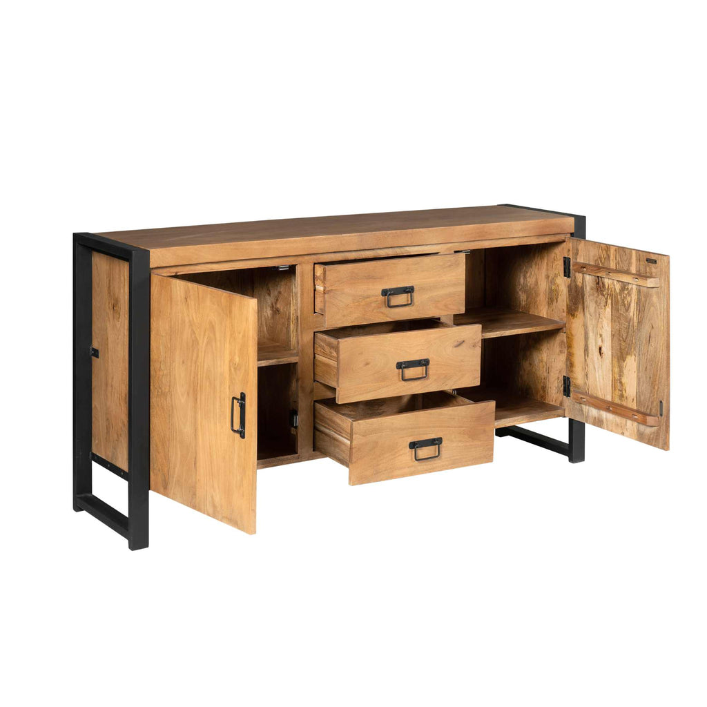 Kommode Bori Schwarz – Mangoholz Schubladenschrank mit Metallgestell & Lamellen-Optik, 80×80×40 cm, 2 Schubladen. Elegante Wohnkommode im zeitlosen Design