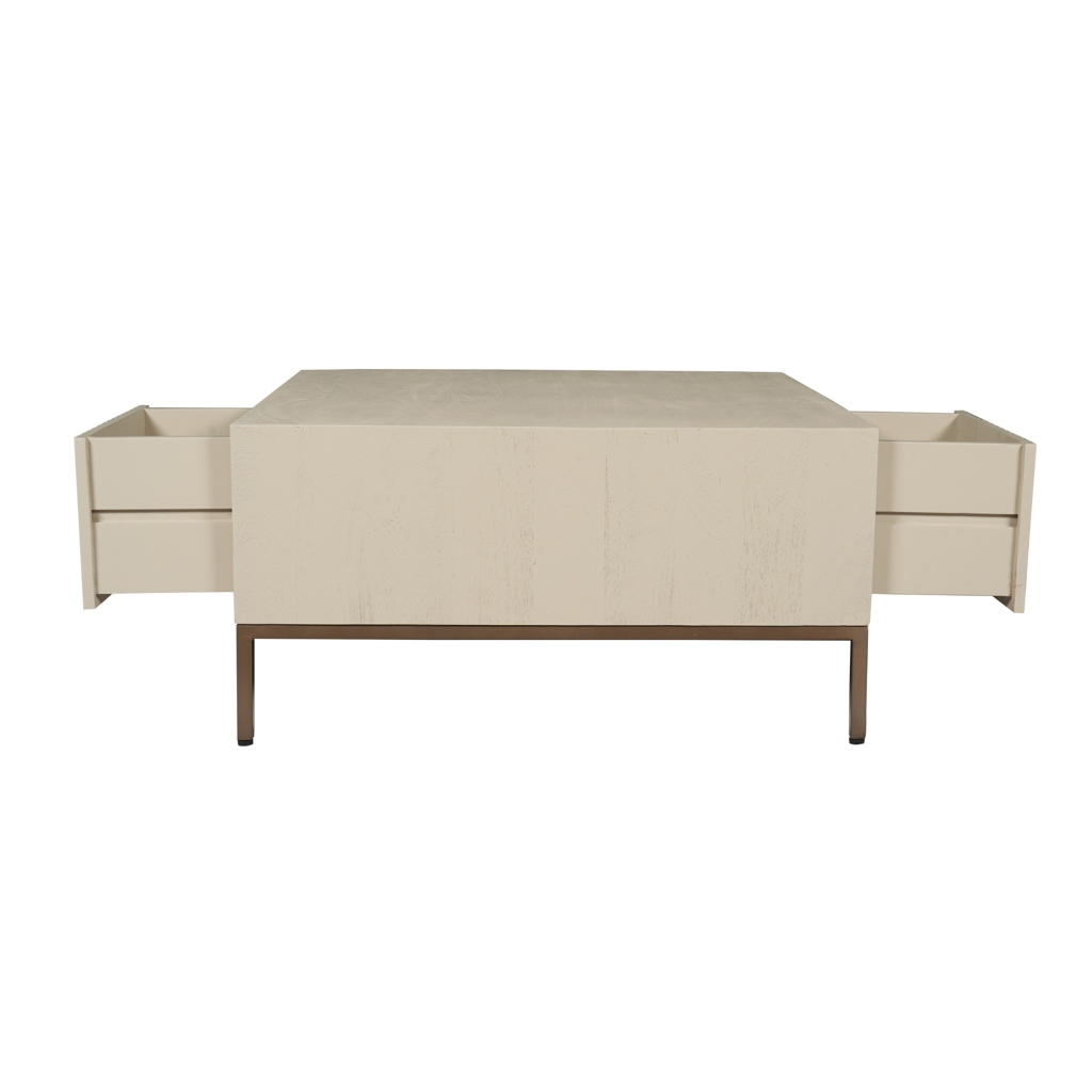 Couchtisch Mandy Sand 80x80x40 cm – Mangoholz mit Schubladen & bronzefarbenen Metallbeinen