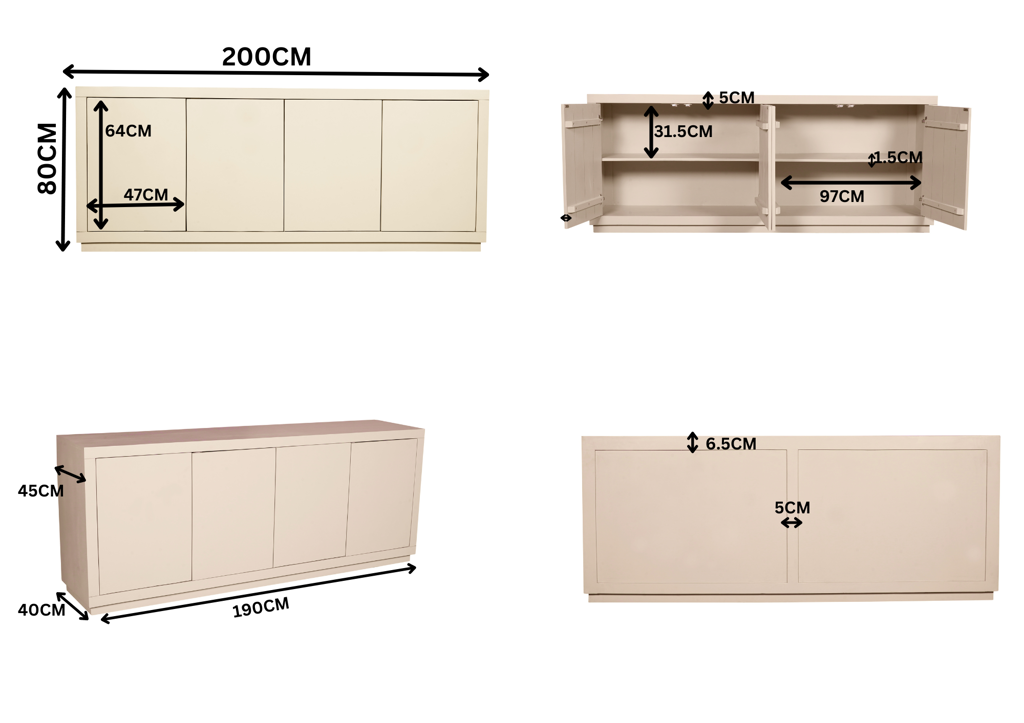 Sideboard Bali Sand 200x45x80 cm – modernes Mangoholz mit 4 Türen & Push-to-Open-System