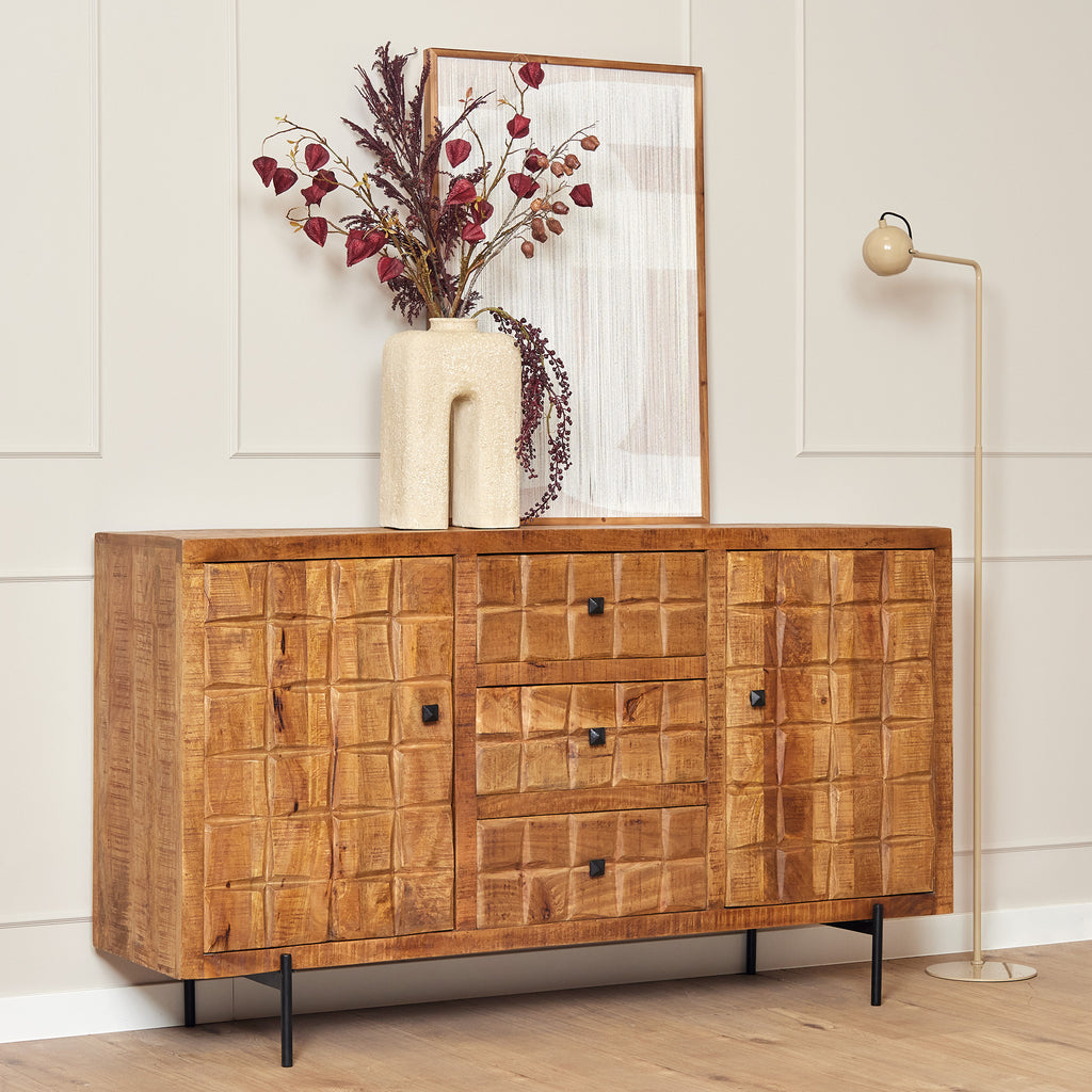 Sideboard Jacky Natur – Mangoholz mit Metallbeinen, 2 Türen & 3 Schubladen, geschnitztes Blockmuster, 160 x 40 x 90 cm