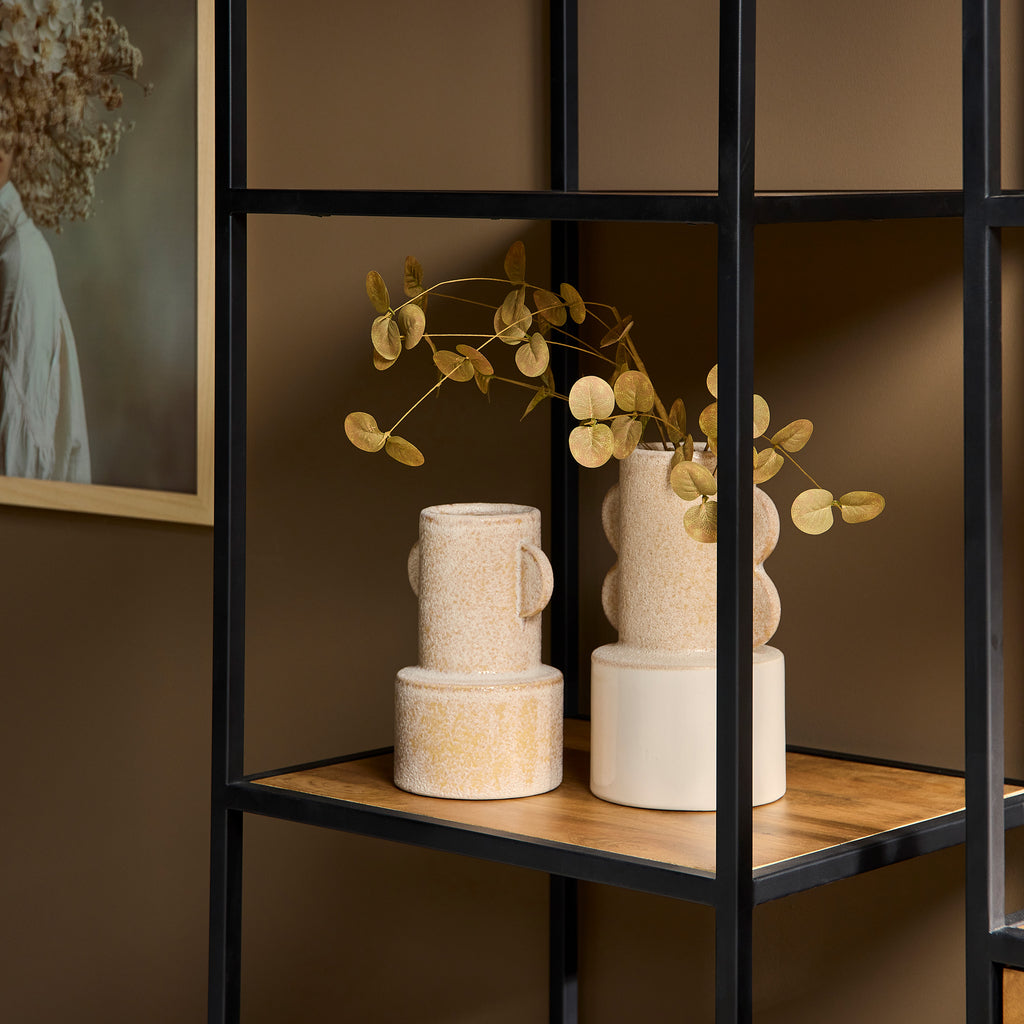 Bücherregal Delta Natur – Mangoholz Regal mit 2 Schubladen & Ablagen, 55×45×200 cm, Metallrahmen schwarz