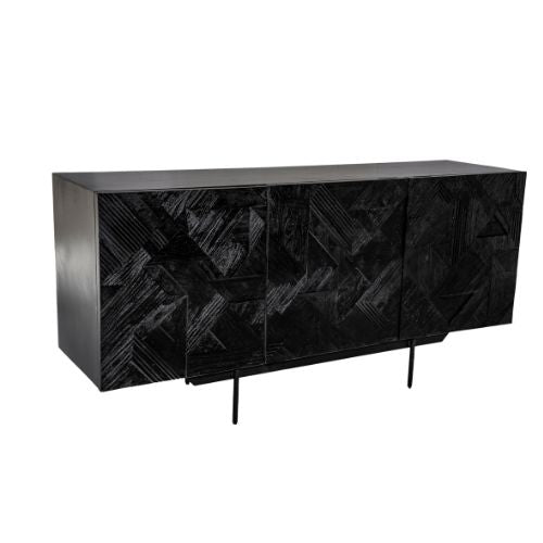 Sideboard Carvon Schwarz – Kommode aus massivem Mangoholz mit geschnitzten Türen & Metallgestell, 168 x 45 x 80 cm