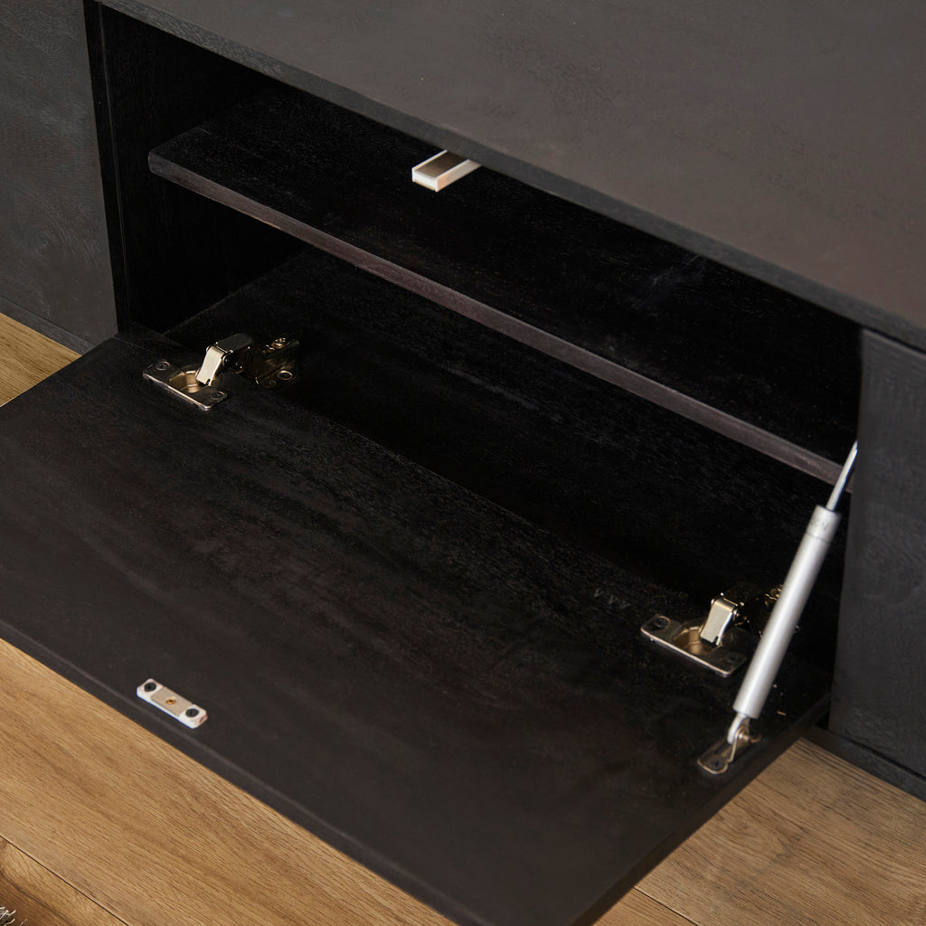 TV-Board Focus Schwarz 120x35x30 cm – modernes schwebendes Lowboard aus Mangoholz mit Push-to-Open