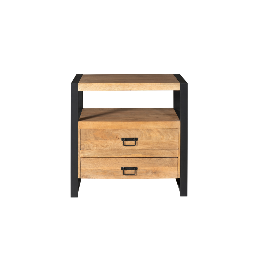 Kommode Bori Schwarz – Mangoholz Schubladenschrank mit Metallgestell & Lamellen-Optik, 80×80×40 cm, 2 Schubladen. Elegante Wohnkommode im zeitlosen Design