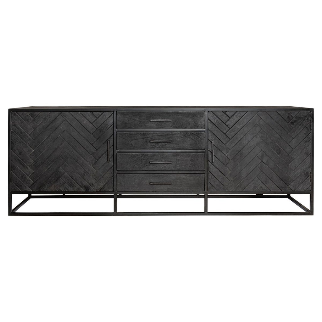 Sideboard Sydney Schwarz – Kommode aus Mangoholz mit Fischgrätmuster, Metallrahmen, 2 Türen & 4 Schubladen, 210 x 45 x 75 cm