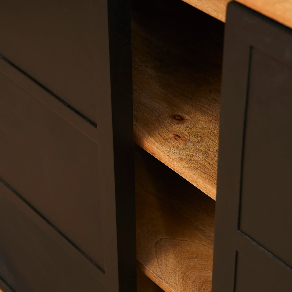 Vitrinenschrank Nizza 200x45x220 cm – Mangoholz Schrank mit 2 Türen & 6 Schubladen im modernen Design