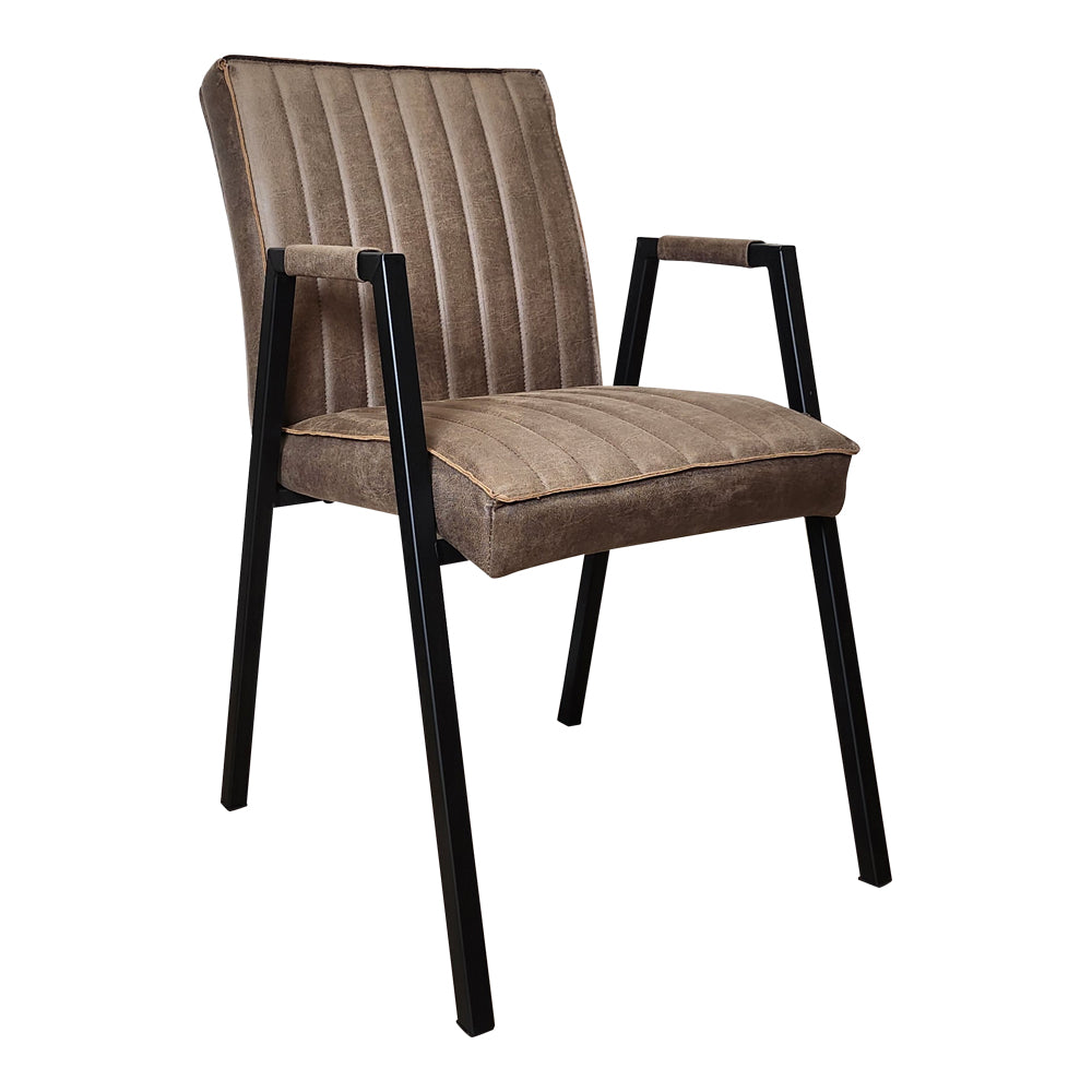 Esszimmerstuhl Molly Braun mit Armlehne – Industrial Design Stuhl aus Eco-Leder & Metallgestell, 52×65×88 cm