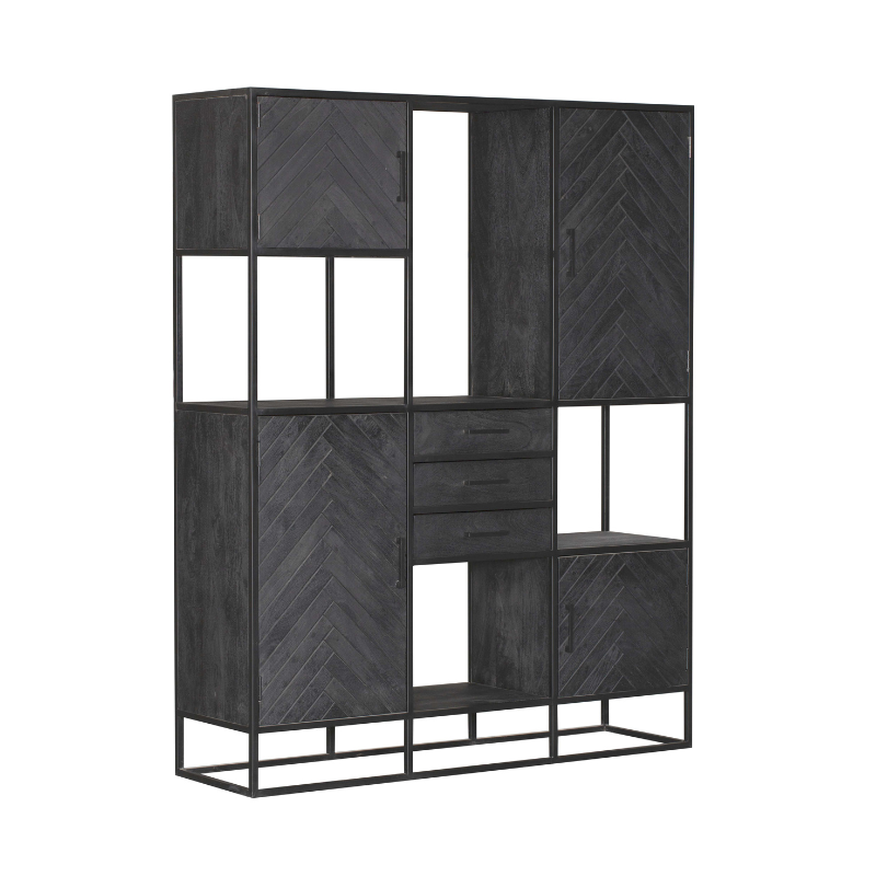 Regal Sydney XXL Schwarz 160x45x200 cm – Mangoholz im Fischgrätenmuster mit Schrankfunktion & viel Stauraum