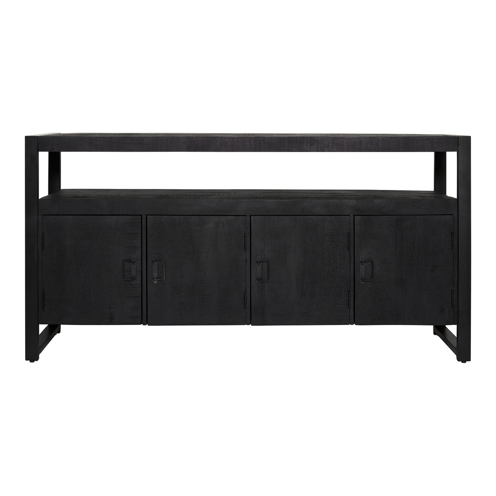 Sideboard Bori Schwarz – Mangoholz & Metallgestell, 4 Türen mit Stauraum, 175 x 45 x 90 cm