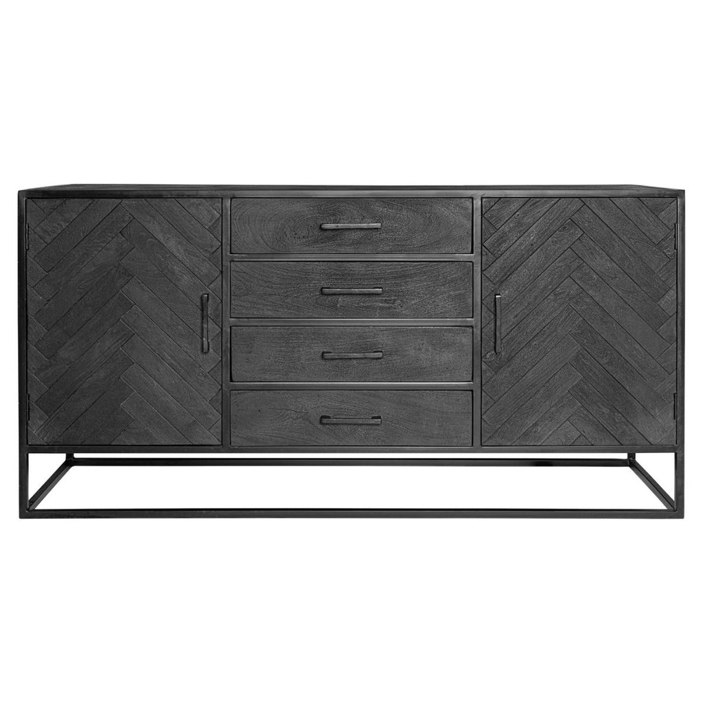 Sideboard Sydney – Mangoholz mit Fischgrätmuster & Metallgestell in Schwarz, 165 x 45 x 85 cm, 2 Türen & 4 Schubladen