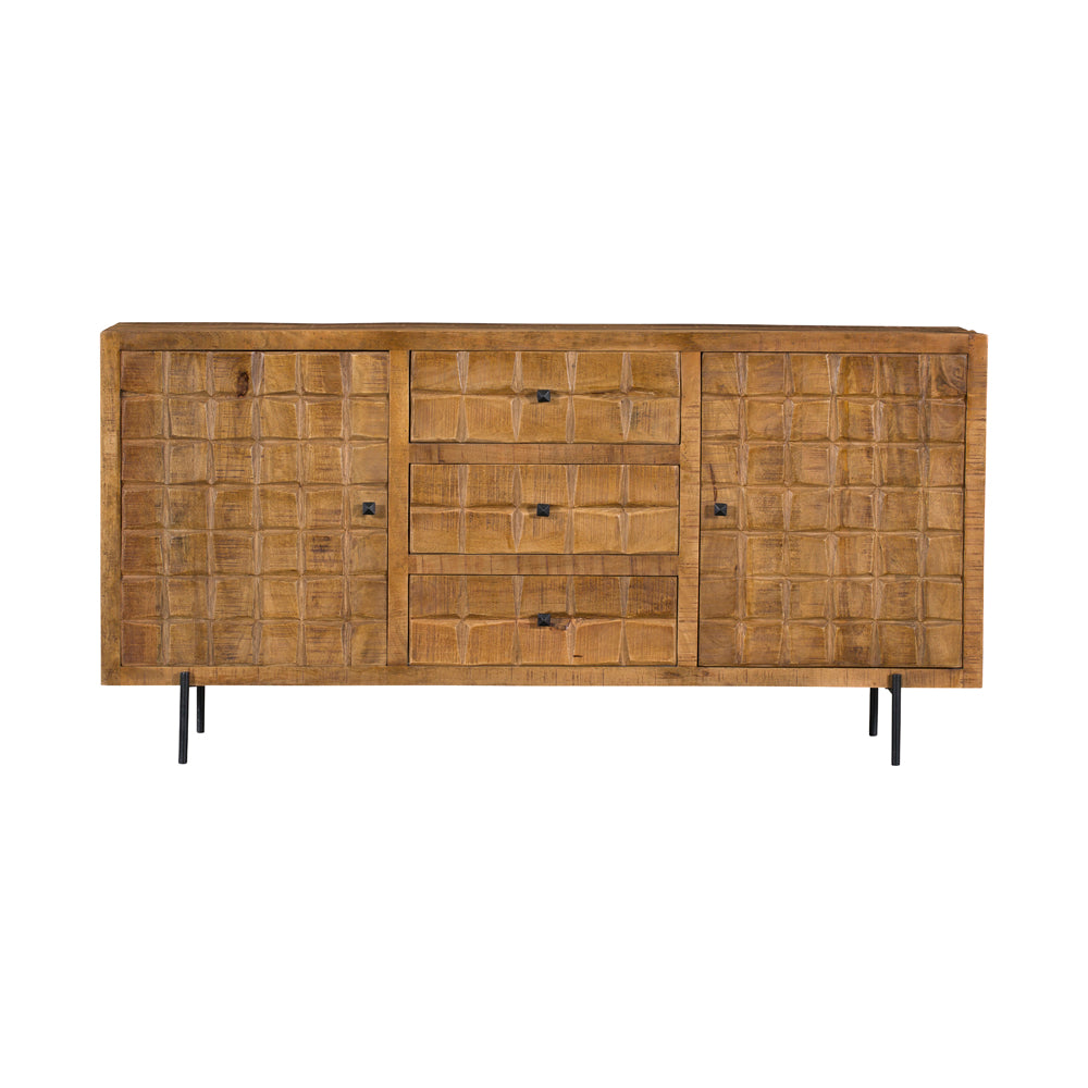 Sideboard Jacky Natur – Mangoholz mit Metallbeinen, 2 Türen & 3 Schubladen, geschnitztes Blockmuster, 160 x 40 x 90 cm