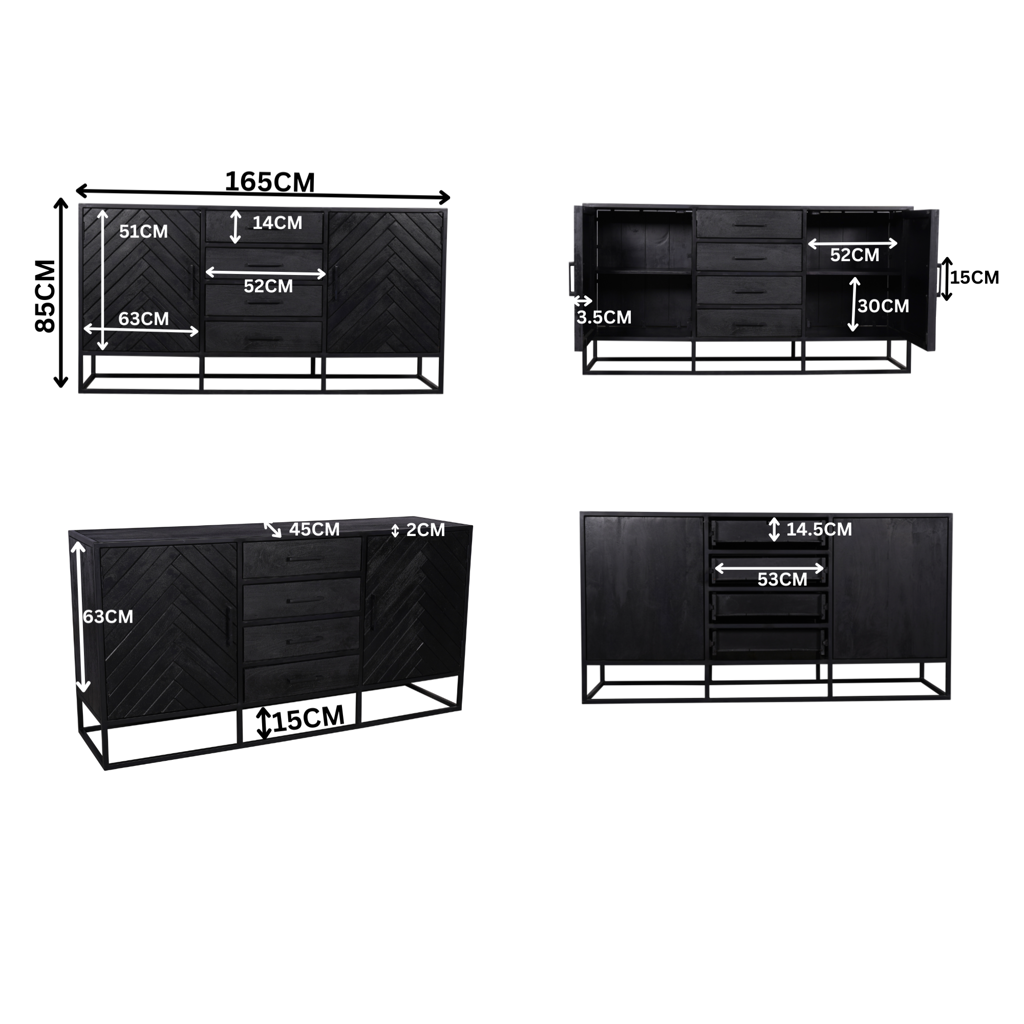 Sideboard Sydney – Mangoholz mit Fischgrätmuster & Metallgestell in Schwarz, 165 x 45 x 85 cm, 2 Türen & 4 Schubladen