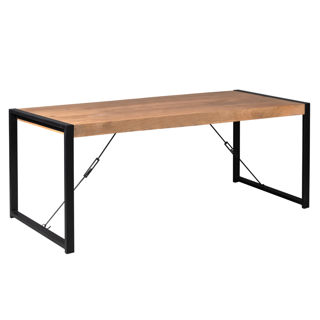 Esstisch Bori Natur 220x90x76 cm – Mangoholz Natur, klar lackiert & schwarzes Metall-U-Gestell, 8 cm Kantenaufdopplung