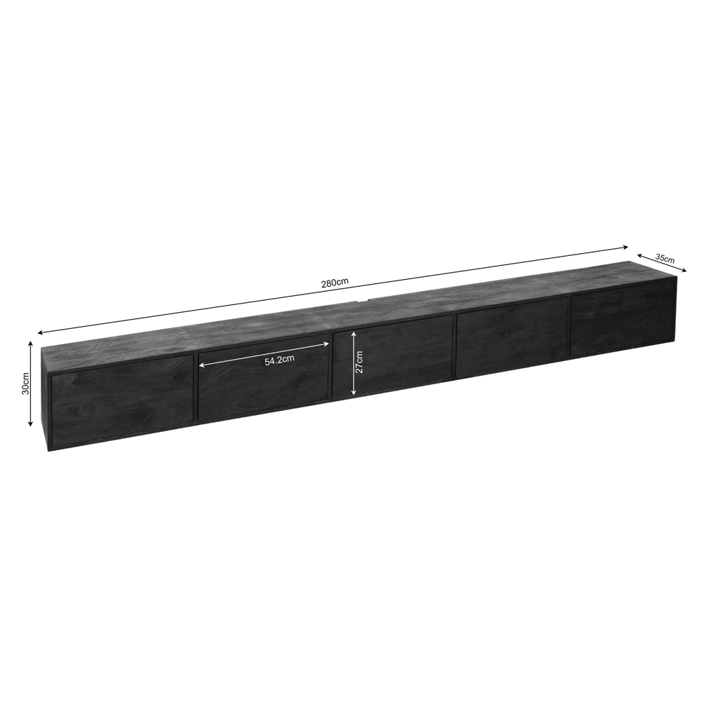 TV-Board Focus Schwarz – Schwebendes Lowboard aus Mangoholz mit Push-to-Open, 280 x 35 x 30 cm