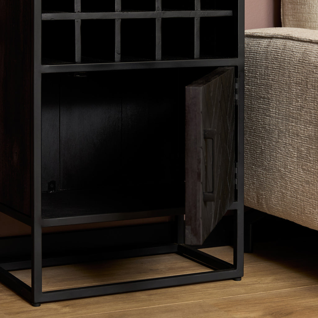 Weinbar Sydney Schwarz 55x35x90 cm – Stilvolle Minibar aus Mangoholz mit Fischgrätmuster & Stauraum für Gläser & Flaschen