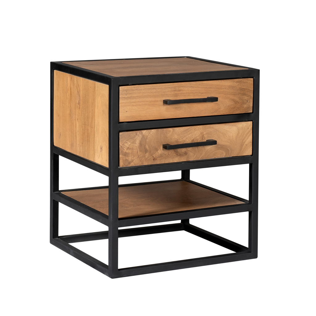 Nachttisch Delta Natur aus Mangoholz, Natur, 45x40x53 cm – moderner Beistelltisch mit 2 Schubladen & Metallgestell
