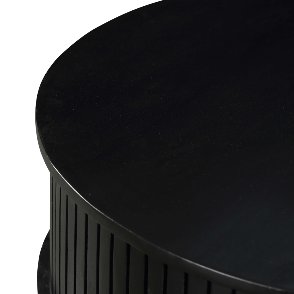 Couchtisch Mandy Schwarz Rund 80x80x40 cm – Mangoholz Tisch mit 2 Schubladen & Metallgestell