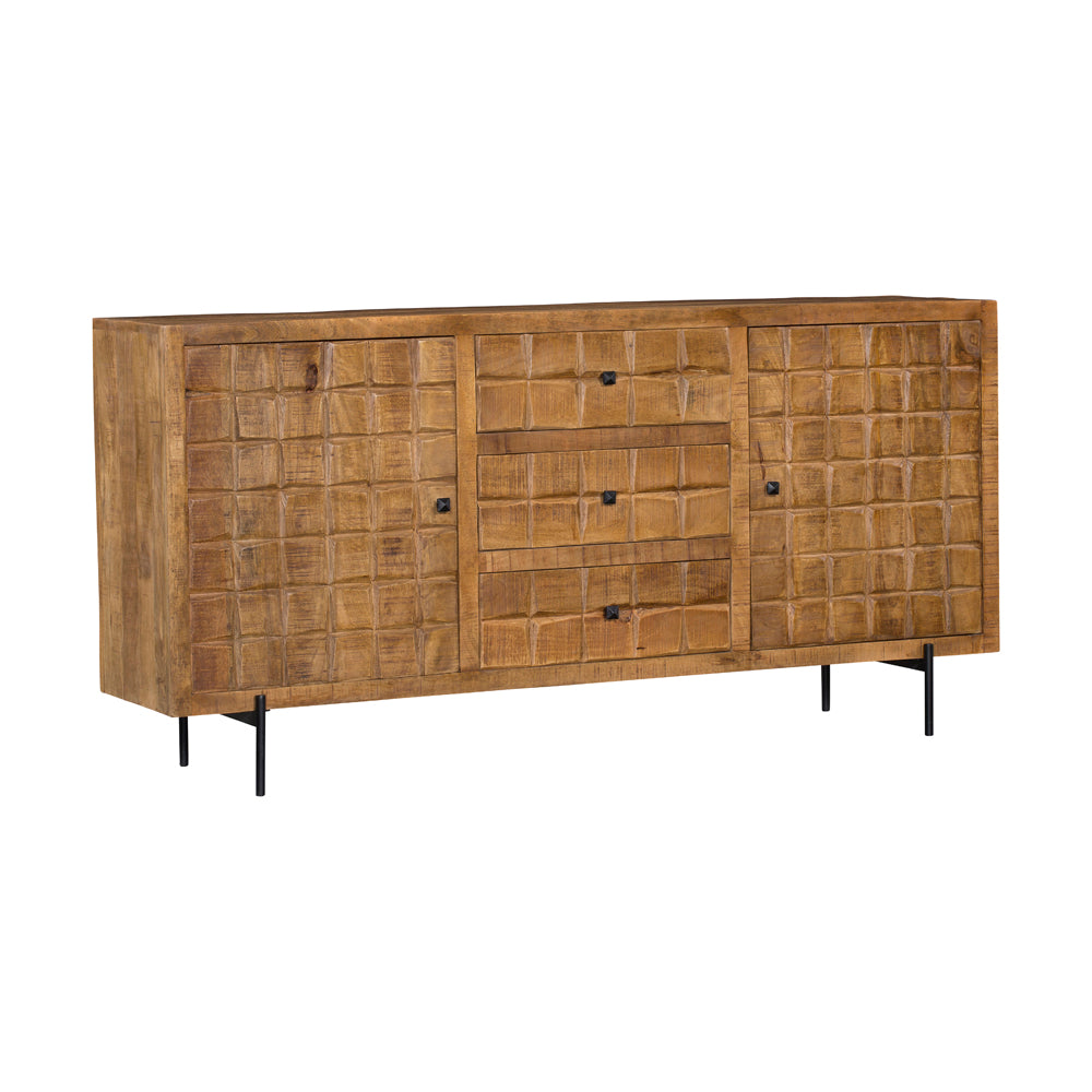 Sideboard Jacky Natur – Mangoholz mit Metallbeinen, 2 Türen & 3 Schubladen, geschnitztes Blockmuster, 160 x 40 x 90 cm