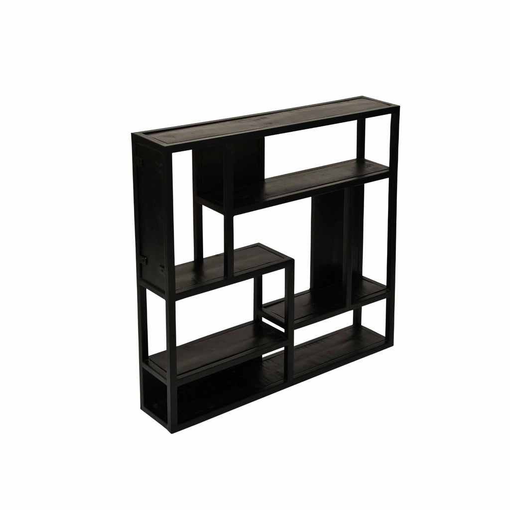 Wandregal Sydney – Regal aus schwarzem Mangoholz & Metallgestell, 75×16×75 cm, modernes Hängeregal im Industrial-Design