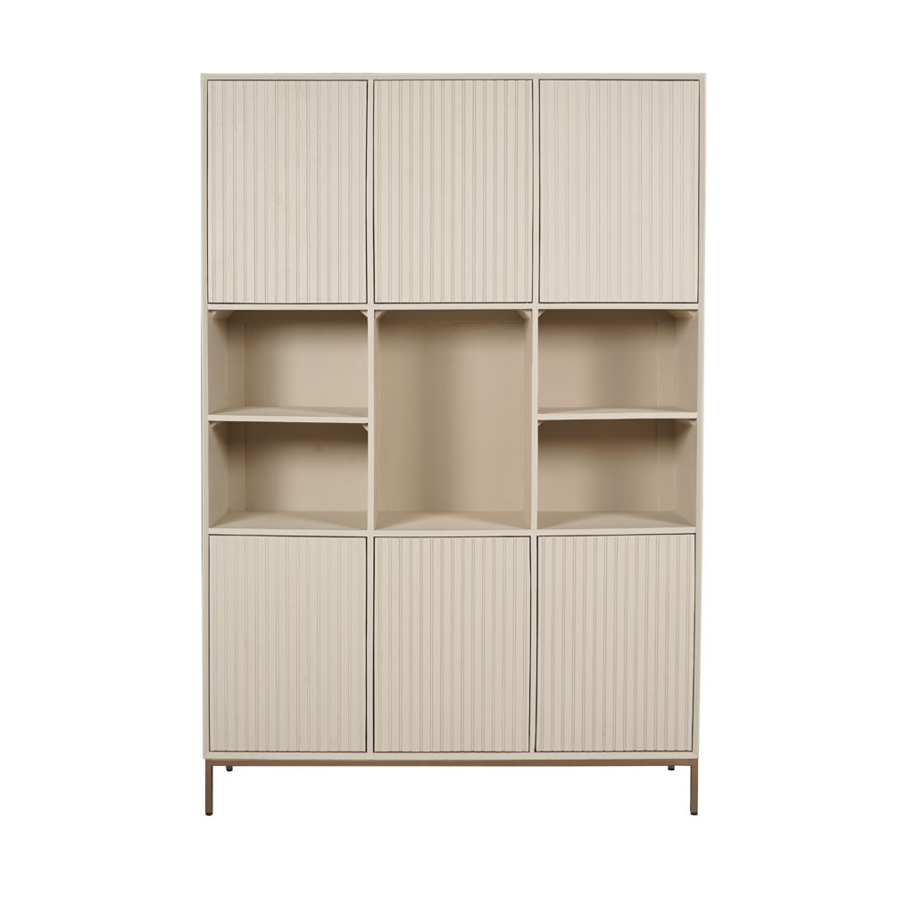 Regal Mandy XL Sand – Mangoholz mit Sand-Finish, bronzefarbenem Metallrahmen, 5 offene Fächer & 6 Türen, 135 x 45 x 200 cm