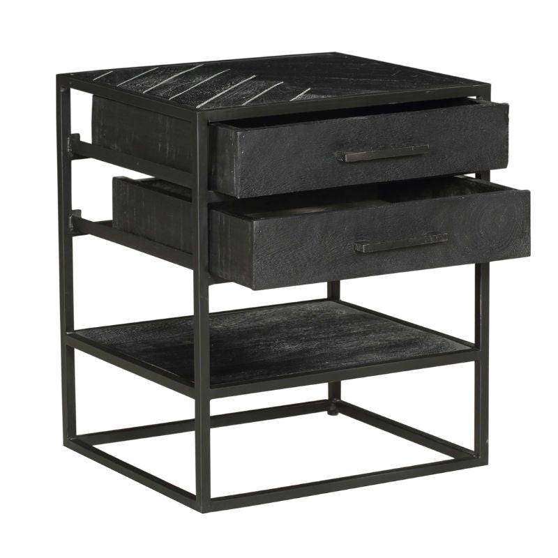 Nachttisch Sydney Schwarz – Beistelltisch aus Mangoholz & Metall mit 2 Schubladen, Fischgrät-Muster & Ablage, 45×40×53 cm