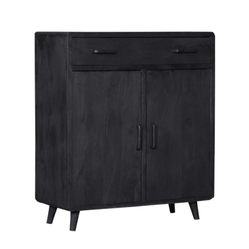 Schrank Raven Schwarz – Mangoholz Highboard mit 2 Türen & 1 Schublade, 100×45×115 cm, modernes Design