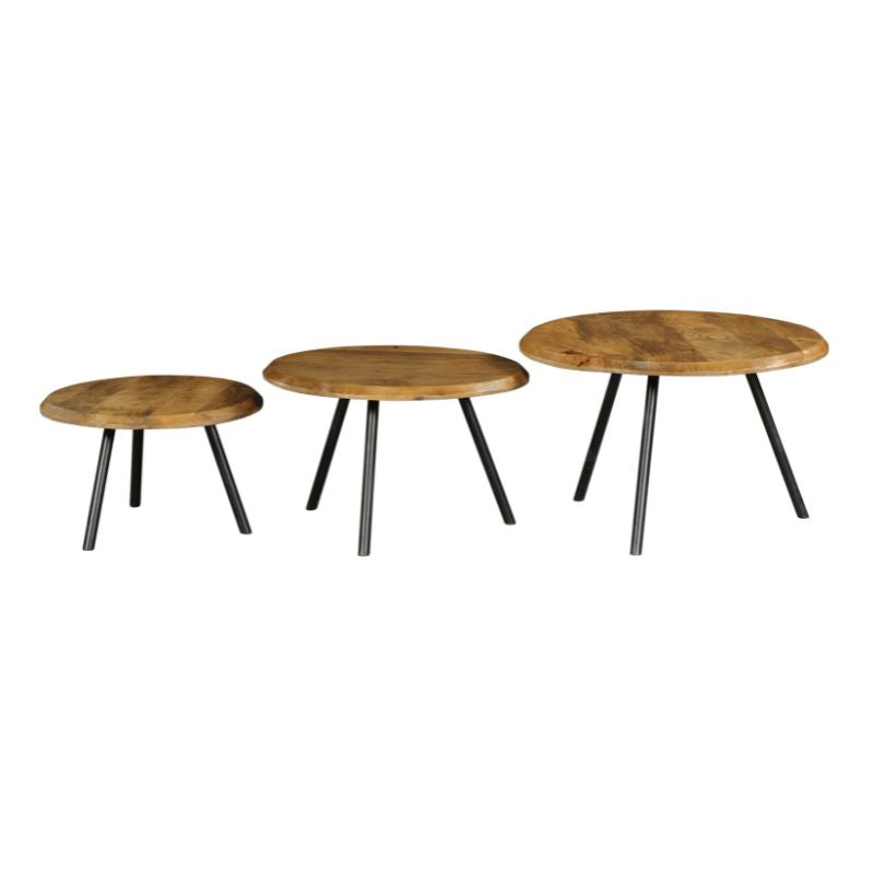 Couchtisch-Set Hawaii – 3 Tische aus Mangoholz & Metall, Ø70/Ø60/Ø50 cm, rundes Tisch-Set im modernen Design