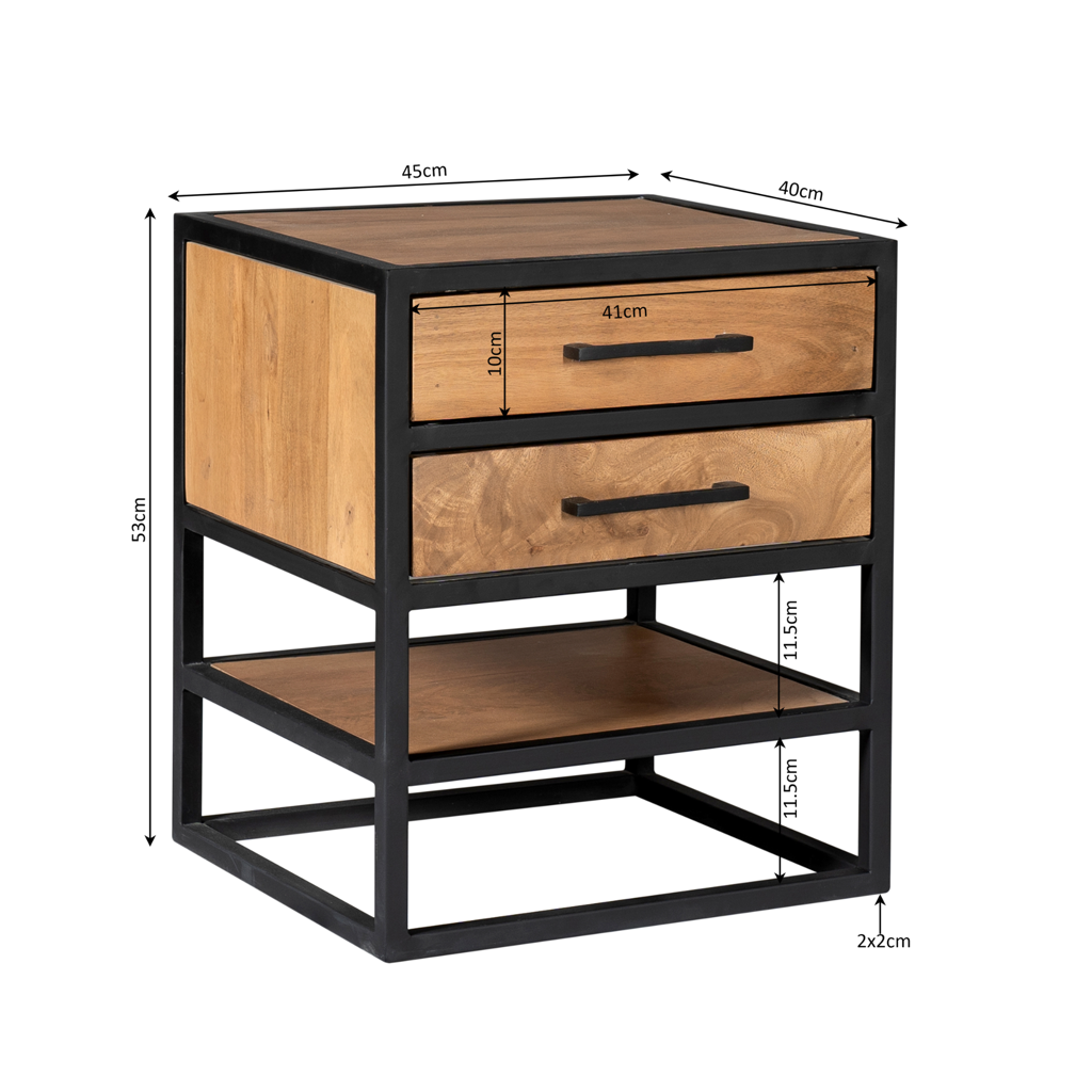 Nachttisch Delta Natur aus Mangoholz, Natur, 45x40x53 cm – moderner Beistelltisch mit 2 Schubladen & Metallgestell