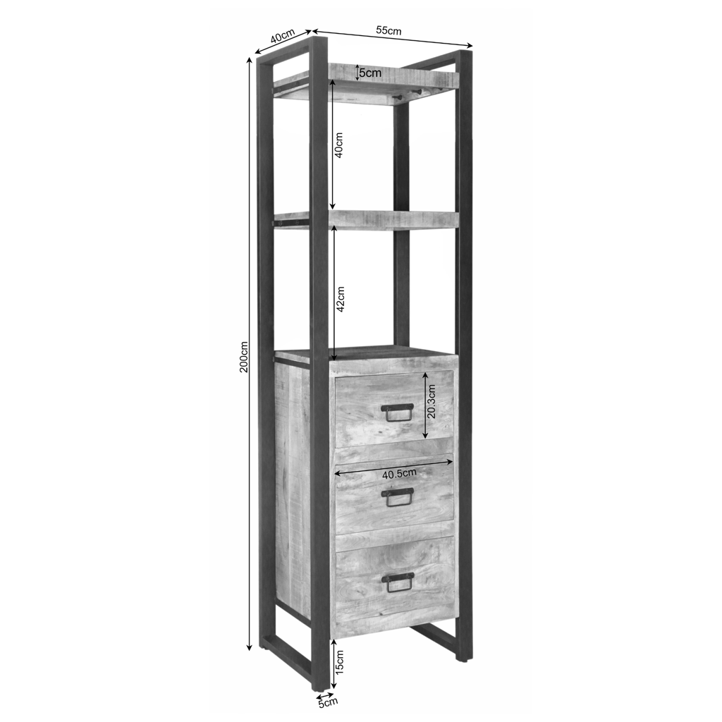 Bücherregal Bori Natur – Mangoholz & Metall, 55 x 40 x 200 cm