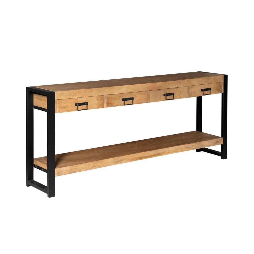 Konsolentisch Bori Schwarz – Mangoholz Tisch 180×76×35 cm mit 4 Schubladen & modernem Metallgestell