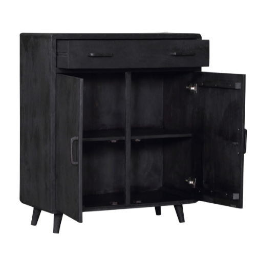 Schrank Raven Schwarz – Mangoholz Highboard mit 2 Türen & 1 Schublade, 100×45×115 cm, modernes Design