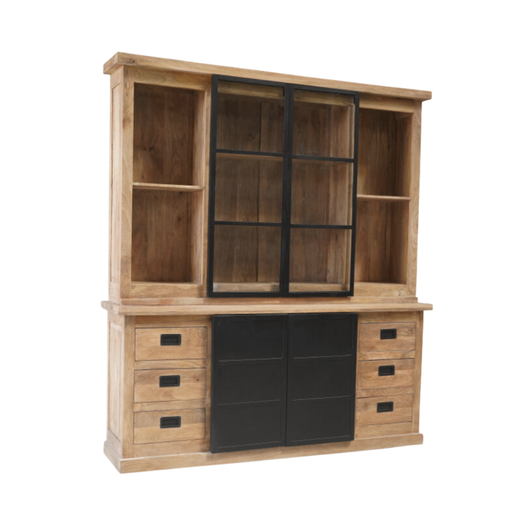 Vitrinenschrank Nizza 200x45x220 cm – Mangoholz Schrank mit 2 Türen & 6 Schubladen im modernen Design