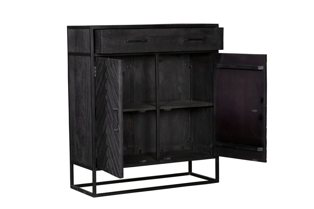 Highboard Sydney – Mangoholz Schrank mit Fischgrätenmuster & Metallgestell 100×40×115 cm